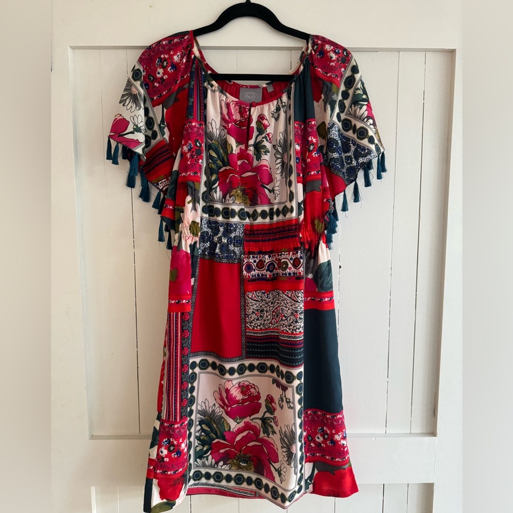Floral Patchwork Red Boho Shift Dress with Tassel Trim